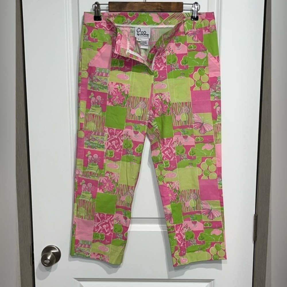 Lilly Pulitzer Womens Sz 8 Pink Green Crop Capri Golf Print Cocktails Preppy